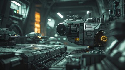 A detailed, futuristic scene showcasing complex mechanical structures in a dark, industrial setting.