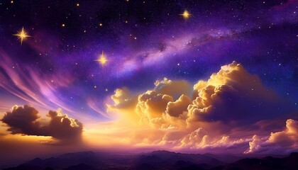 Fototapeta premium an ethereal stylized landscape features golden clouds and stars against a dark cosmic purple sky