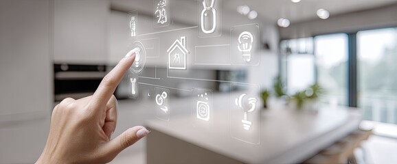 Smart home interface displayed on a kitchen surface. A hand interacts with a digital overlay
