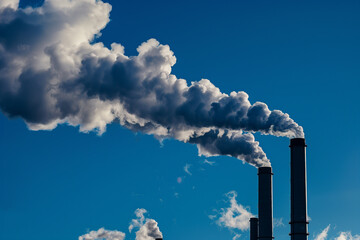 Obraz premium Industrial stacks release plumes into the clear blue sky, showcasing the impact of energy production on the environment and atmospheric conditions.