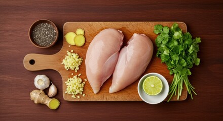 Raw chicken breasts alongside fresh herbs and spices displayed on a wooden cutting board preparing a healthy nutritious meal