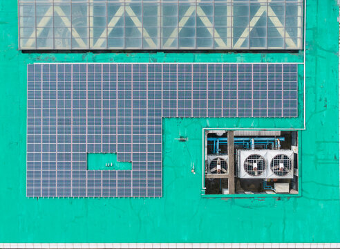 Rooftop Solar Panels and Air Conditioning Aerial View