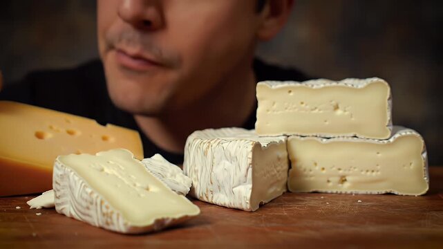 Close Up of Man Displaying Emmental Brie Cheese Assortment on Wooden Board in Dark Setting Showcasing Culinary Presentation Gourmet Flavors and Textures in Still Life Perfect For Food Content