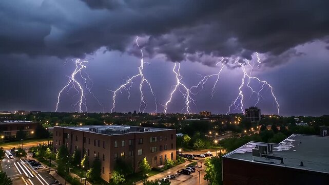 Nighttime Lightning Strikes Over City Buildings Showing Dramatic Weather and Dark Cloudy Sky