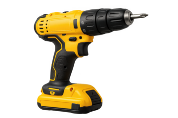 Yellow and black cordless drill with phillips bit on transparent background