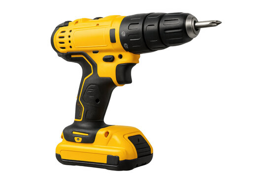 Yellow and black cordless drill with phillips bit on transparent background