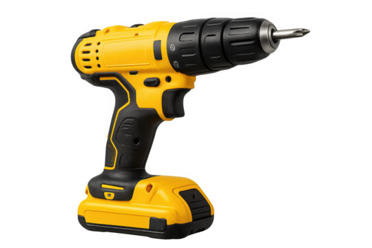 Yellow and black cordless drill with phillips bit on transparent background