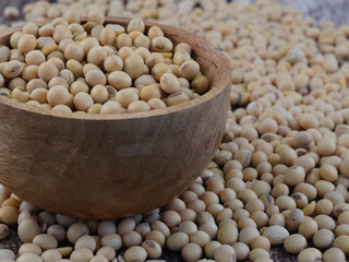 Soy Beans seeds in wooden bowl with soy beans background.