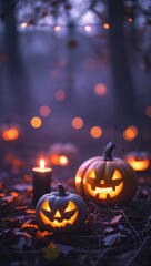 Obraz premium Glowing jack-o'-lanterns and candlelight create a spooky Halloween forest atmosphere.