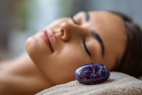 Spa Experience Relaxation Wellness Beauty Therapy Facial Gemstone Amethyst Calm Woman Skin Healing Tranquility Health Serenity Pampering Natural 