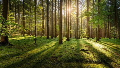 Obraz premium a vibrant forest scene with sunlight filtering through tall trees casting shadows on the lush green grass below