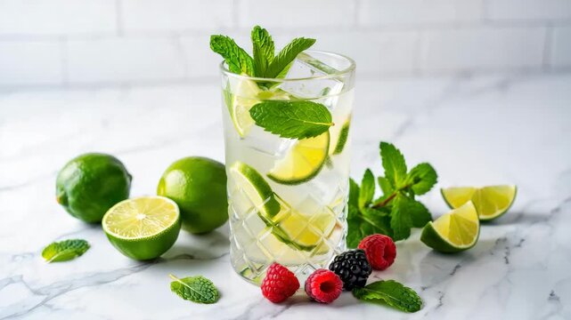 Hugo Spritz mocktail, lime mint berry drink, refreshing summer beverage, non-alcoholic cocktail, elderflower inspired refreshment, herbal citrus mix, marble background setting