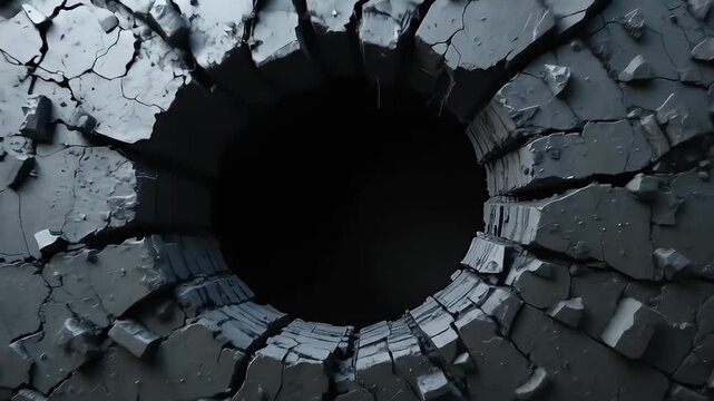 Cracked hole in a shattered concrete wall background.	