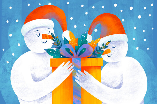 Snowmen sharing a gift during a festive winter celebration - Powered by Adobe