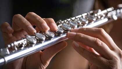A cinematic close-up captures fingers expertly playing a flute, illuminated by dramatic lighting that highlights the elegance, skill, and emotion of the musical performance in a captivating scene