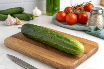 Fresh cucumber on wooden cutting board with tomatoes and garlic