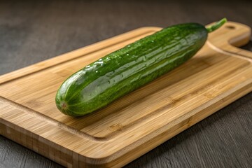 Fresh green cucumber on a wooden cutting board ready for food preparation