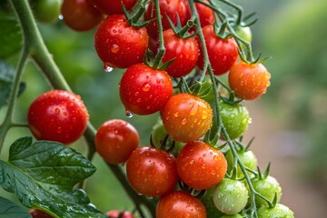 Ripe red cherry tomatoes growing on the vine with water droplets