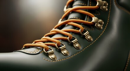 Leather hiking boot detail with orange laces close up