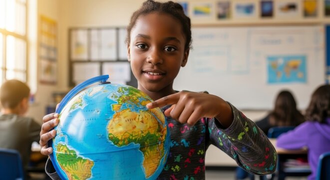 Girl in classroom holding a globe and pointing to europe during a geography lesson with classmates - Powered by Adobe