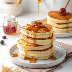 Delicious stack of golden pancakes drizzled with sweet honey