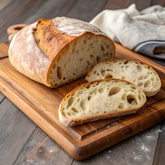 Freshly baked sourdough bread sliced on a wooden cutting board