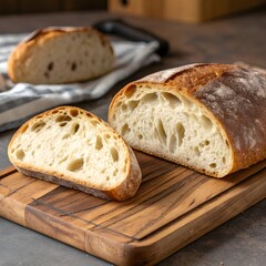 Artisan sourdough bread loaf and slices on a wooden cutting board