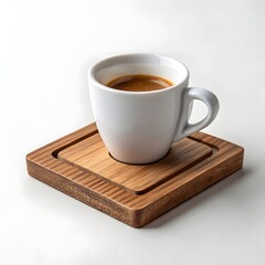 White ceramic cup of espresso on a rustic wooden coaster