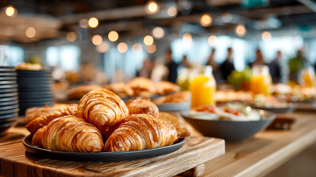 Bakery brunch buffet table laden with croissants and orange juice under warm lights, suggesting a casual, upscale dining experience.
