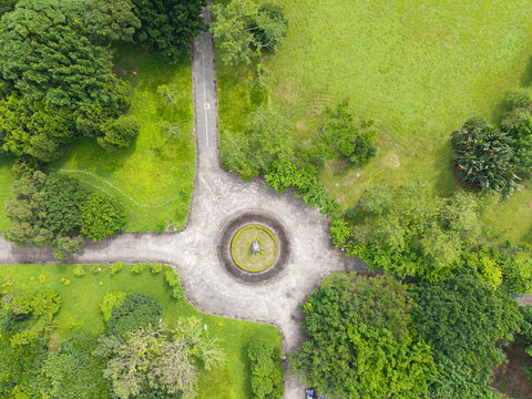 Aerial View of Park With Circular Plaza and Lush Greenery