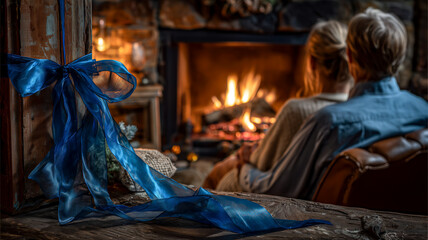 Fototapeta premium Cozy moments: A couple enjoying the warmth of a fireplace. The blue ribbon adds a touch of festivity to their intimate setting.