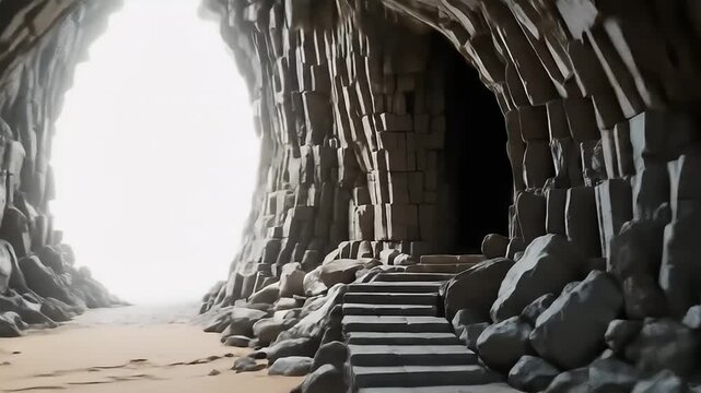 Path with stone steps leading to a bright cave entrance.	