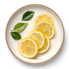 Freshly sliced lemons and green leaves on a rustic plate