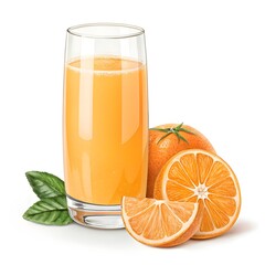 Refreshing glass of orange juice with fresh oranges and leaves