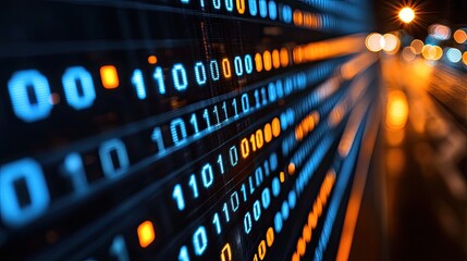 Futuristic digital display with binary code streams and blurred city lights