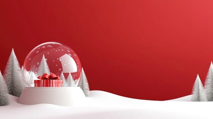 Christmas glass snow globe empty stands on the snow with fir trees. Red background with realistic 3d transparent snow ball. Xmas platform podium. Holiday banner and poster.