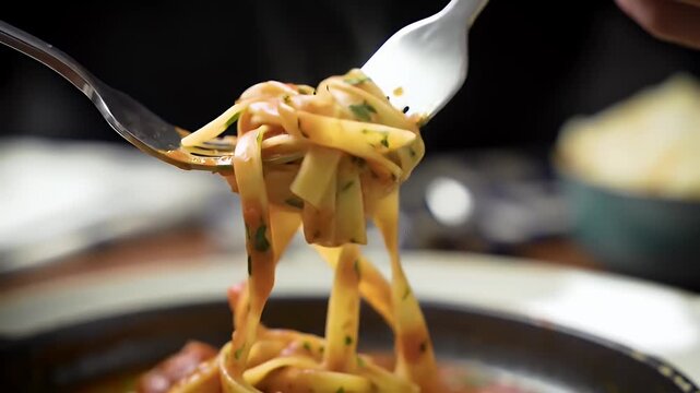 Eye Level Close Up of Tagliatelle al Rag? with Rich Meat Sauce and Chopped Herbs in Dark Ambiance An Italian Culinary Delight Perfect for Food Blogs Cooking Tutorials and Restaurant Promotions