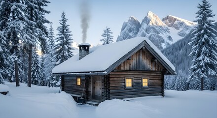 A cozy log cabin with a smoking chimney nestled in a snowy winter forest, a perfect mountain getaway.