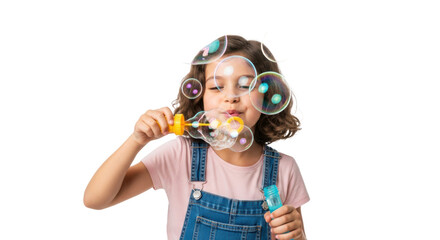 A young girl with curly hair blowing bubbles with a yellow wand and wearing blue denim overalls smiles