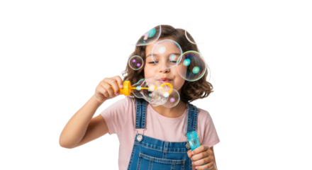 A young girl with curly hair blowing bubbles with a yellow wand and wearing blue denim overalls smiles