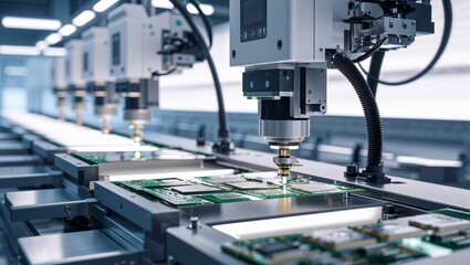 A close-up of an automated circuit board assembly line in a clean factory.