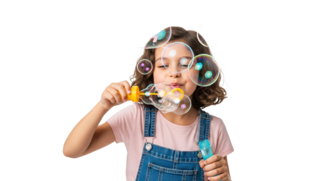 A young girl with curly hair blowing bubbles with a yellow wand and wearing blue denim overalls smiles