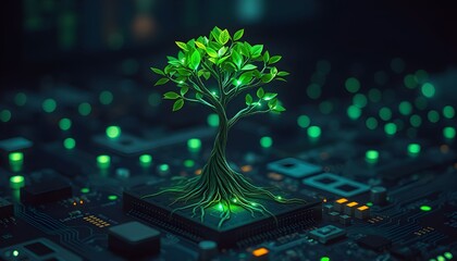 A vibrant green tree grows from a computer chip, symbolizing technology and nature's interconnectedness.