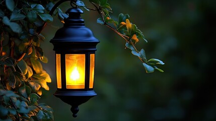 Illuminated lantern hanging amongst lush green foliage creating a calming atmosphere