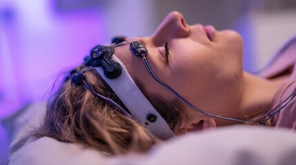 Medium shot capturing a closeup of a neurofeedback headbands sensors during a relaxation protocol session the treatment device clear against a softly blurred soothing clinical