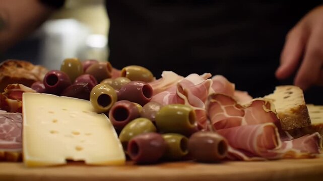 Gourmet Charcuterie Board Displaying Sliced Coppa Prosciutto Provolone Cheese Green and Purple Olives with Wooden Tray Close Up and Neutral Background Perfect as Delicious Meal and Appetizer Visual