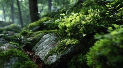 Fototapeta premium Enchanted Forest Floor Covering Lush Green Moss and Rocks