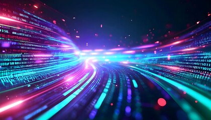 Abstract digital highway of vibrant light streaks and binary code, representing rapid data flow and technological advancement.
