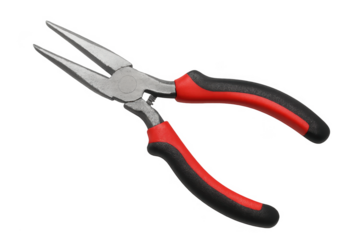 Red and black handheld needle nose pliers isolated on transparent background