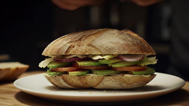 Hands Assembling Vegan Avocado Sourdough Sandwich with Tomato and Red Onion on a White Plate Close Up on a Wooden Table in Dark Moody Lighting Delicious and Healthy Vegan Food Over 170 Characters